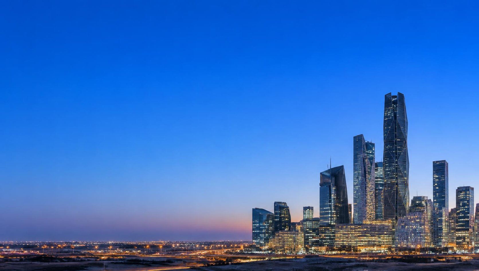 King Abdullah Financial District skyline, Riyadh, at blue hour